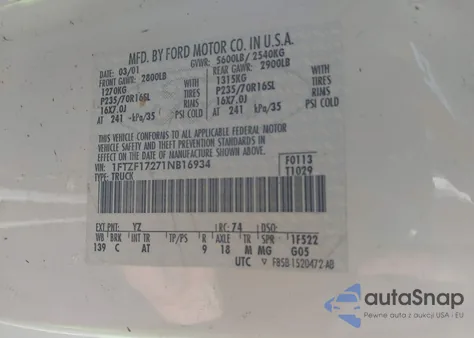 2001 Ford F-150 Xl/Xlt z USA, uszkodzony, nr VIN 1FTZF17271NB16934